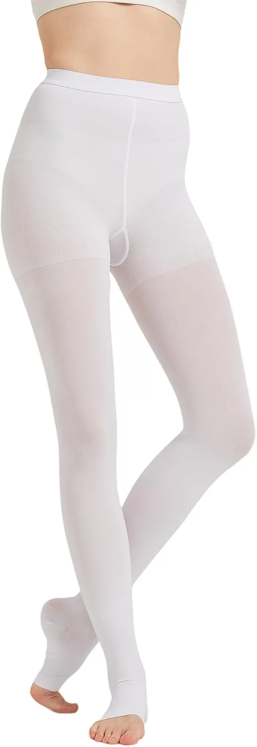 AMZAM Medical Compression Pantyhose for Women Men, 20-30 mmHg Graduated Compression Tights, Opaque Toeless Compression Stockings Waist High Support Tights for Edema, Varicose Veins, DVT, White L