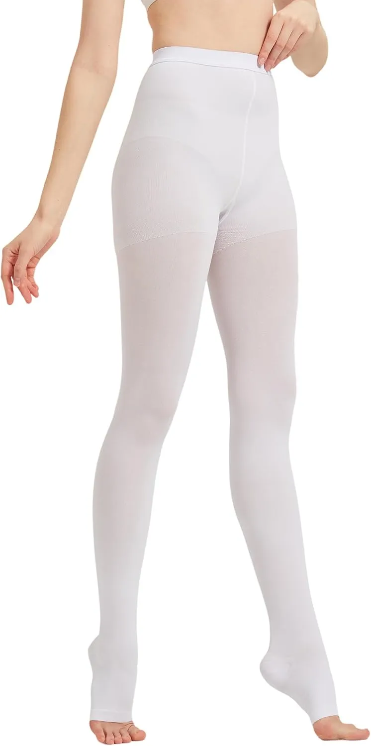 AMZAM Medical Compression Pantyhose for Women Men, 20-30 mmHg Graduated Compression Tights, Opaque Toeless Compression Stockings Waist High Support Tights for Edema, Varicose Veins, DVT, White L