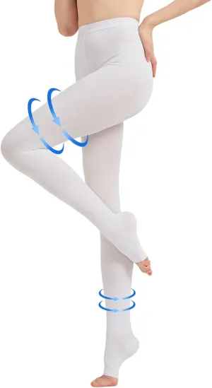 AMZAM Medical Compression Pantyhose for Women Men, 20-30 mmHg Graduated Compression Tights, Opaque Toeless Compression Stockings Waist High Support Tights for Edema, Varicose Veins, DVT, White L