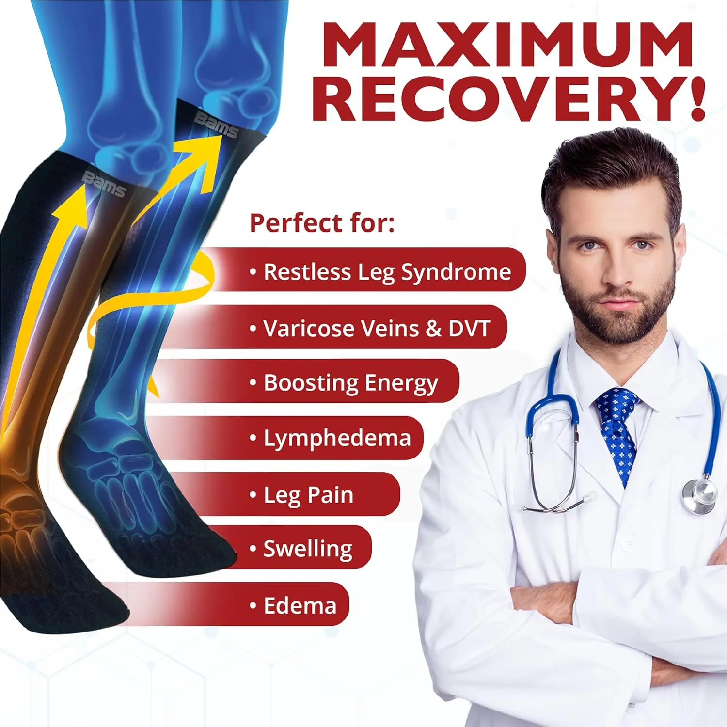 BAMS Plus Size Compression Socks Wide Calf XL XXL XXXL  Graduated Knee-High Support, Viscose from Bamboo Easy-On/Easy-Off