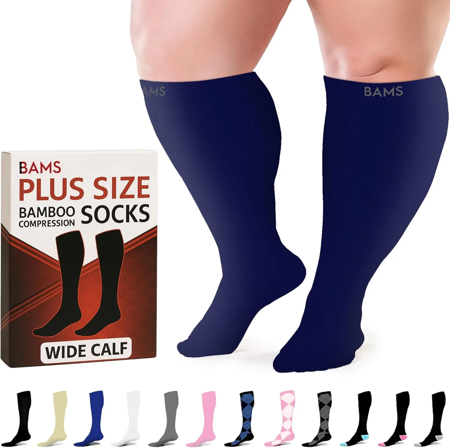 BAMS Plus Size Compression Socks Wide Calf XL XXL XXXL  Graduated Knee-High Support, Viscose from Bamboo Easy-On/Easy-Off