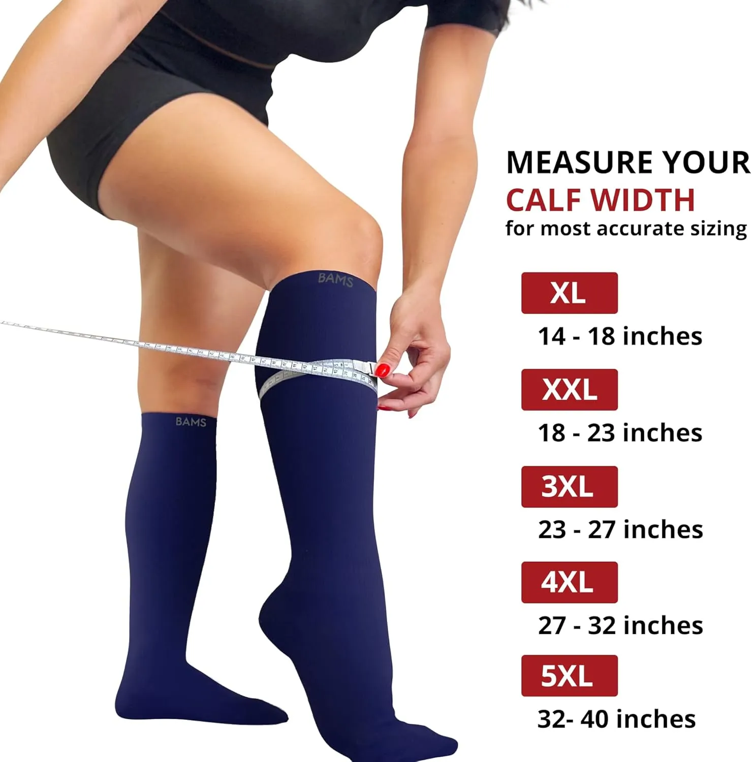 BAMS Plus Size Compression Socks Wide Calf XL XXL XXXL  Graduated Knee-High Support, Viscose from Bamboo Easy-On/Easy-Off
