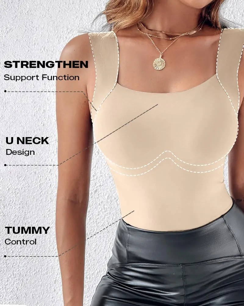 CHICME Womens U Neck Shapewear Built-in Bra Tank High Strechy Sleeveless Slim Fit Tops Camisole Workout Tops