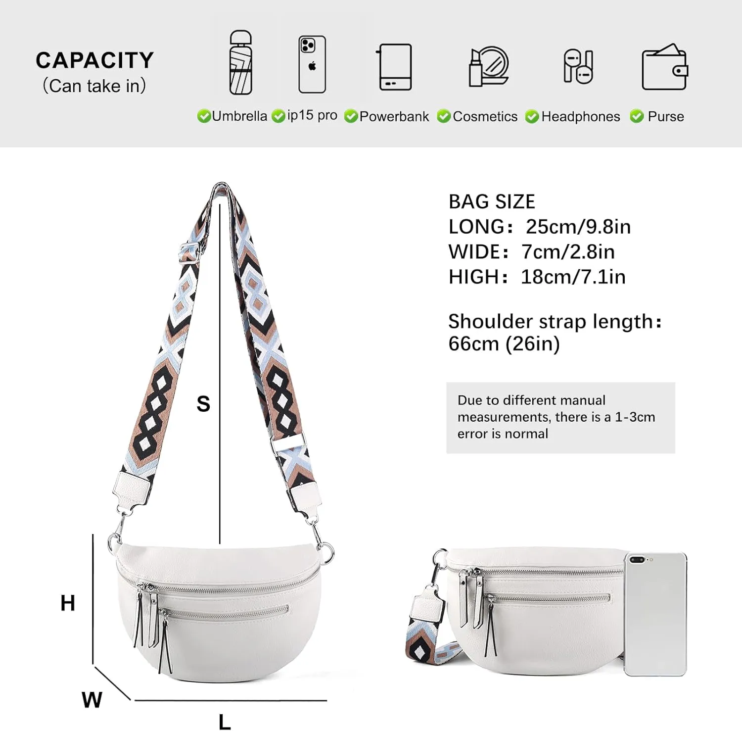 Crossbody Fanny Packs for Women Sling Bags with Coin Purse Bumbag Vegan Leather Belt Bag Chest Purse for Travel (White)