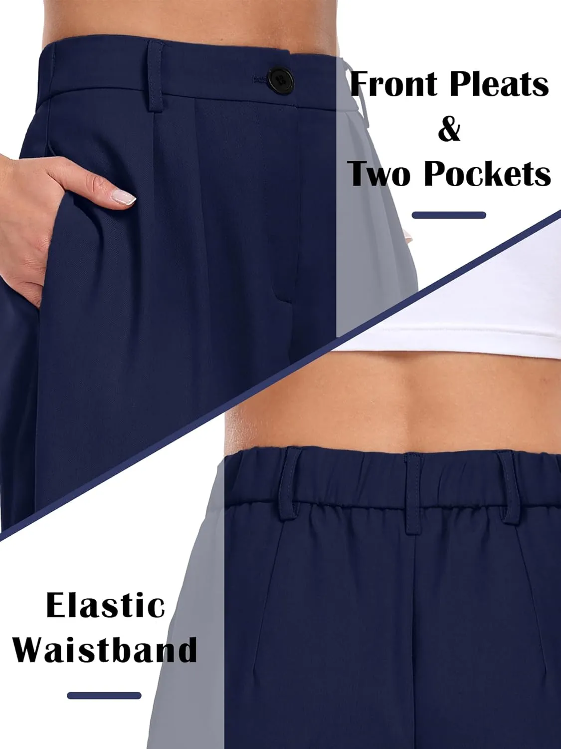 ELLEVEN Women's Casual Wide Leg Dress-Pants, High Elastic Waisted in The Back Business Flowy Trousers with Pockets