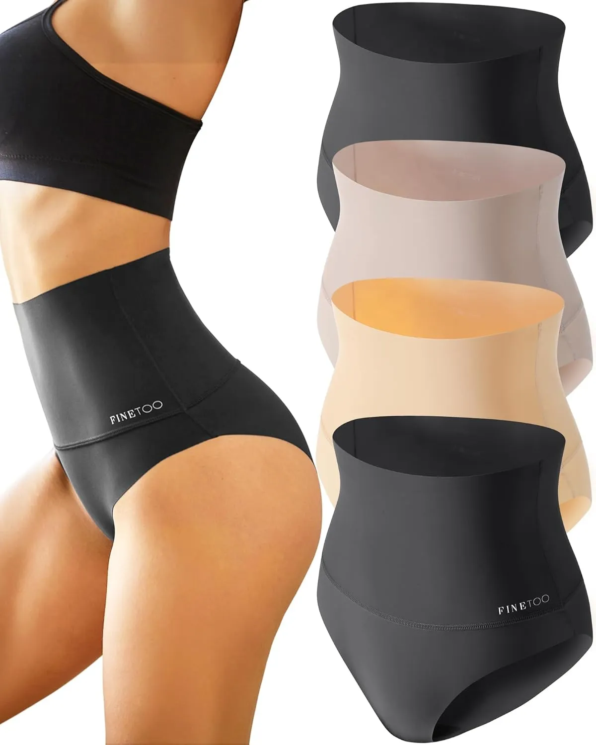 FINETOO Tummy Control Underwear for Women High Waisted Nylon Brief No Show Womens Bikini Seamless Panties 4pack S-XXXL