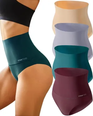 FINETOO Tummy Control Underwear for Women High Waisted Nylon Brief No Show Womens Bikini Seamless Panties 4pack S-XXXL