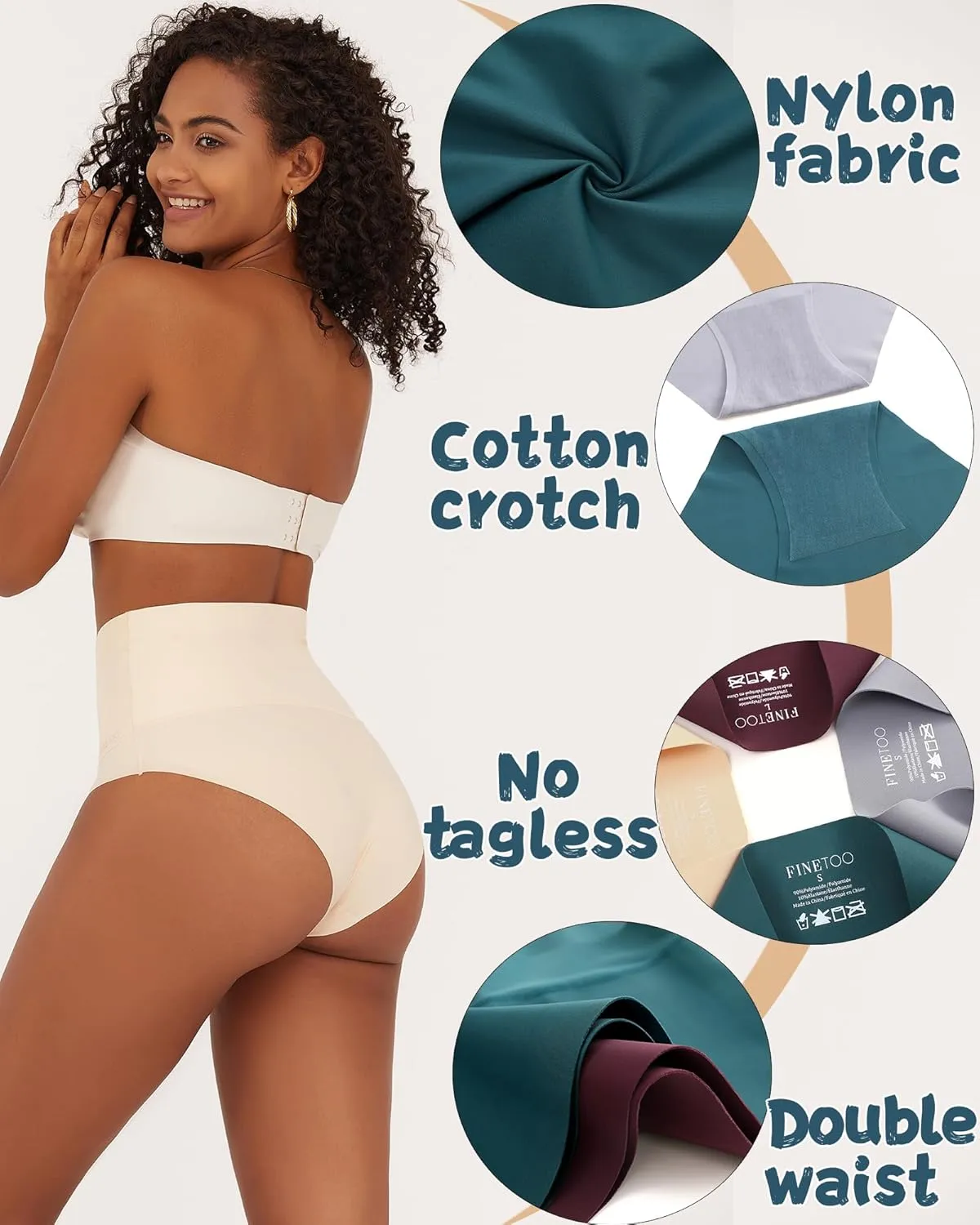 FINETOO Tummy Control Underwear for Women High Waisted Nylon Brief No Show Womens Bikini Seamless Panties 4pack S-XXXL