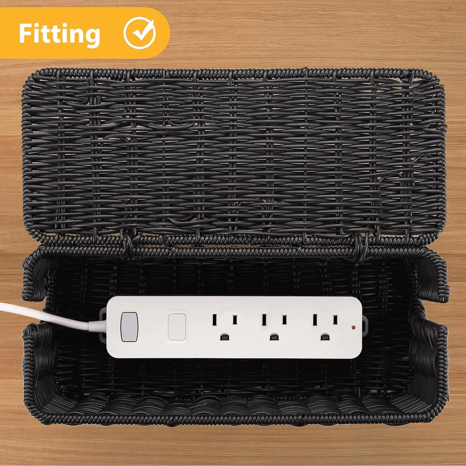Handmade Cable Management Box Black, Imitation Rattan Cord Organizer Cord Hider Box, Desk Cord Management Box to Hide Cords and Power Strip L12.5 W5.2 H5.5