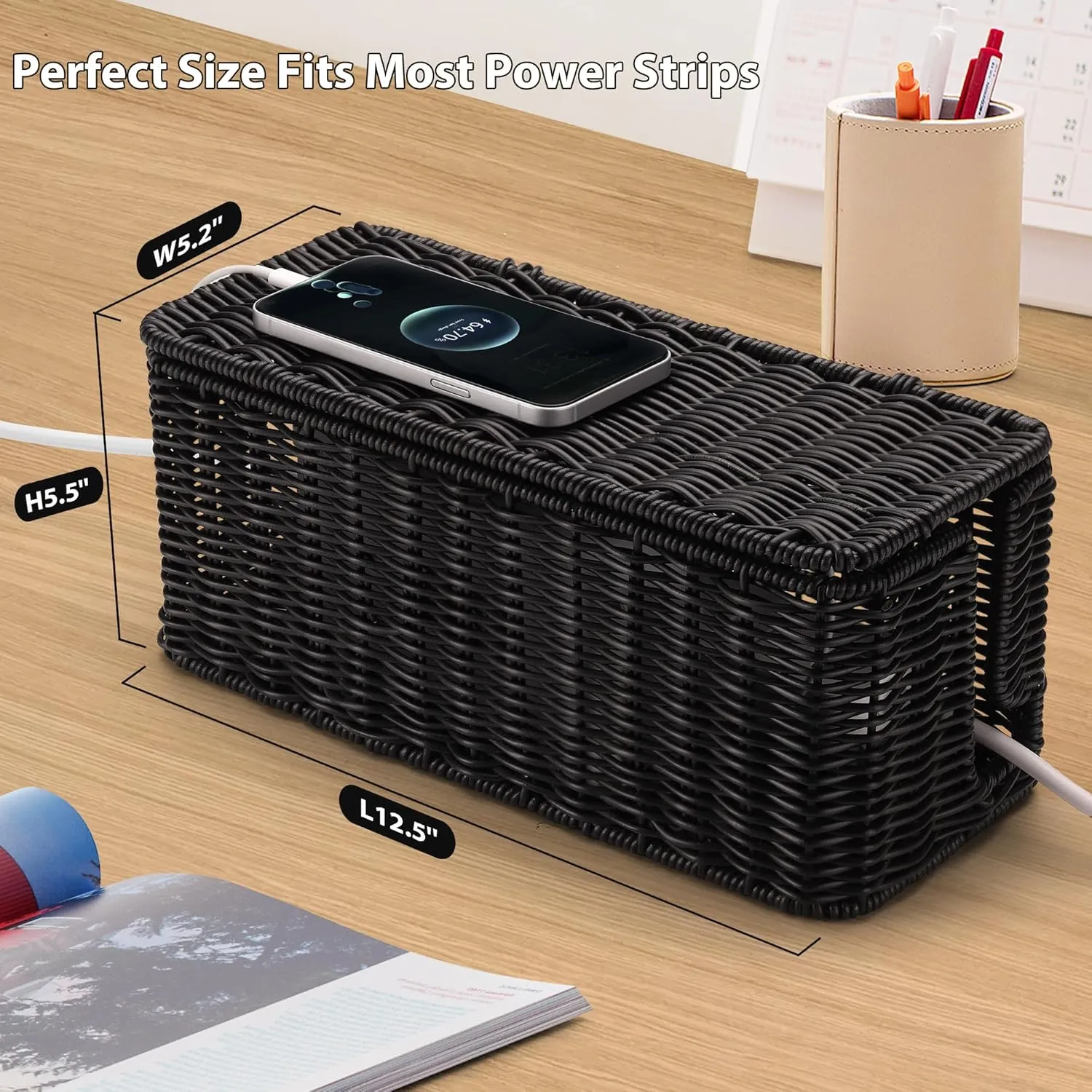 Handmade Cable Management Box Black, Imitation Rattan Cord Organizer Cord Hider Box, Desk Cord Management Box to Hide Cords and Power Strip L12.5 W5.2 H5.5