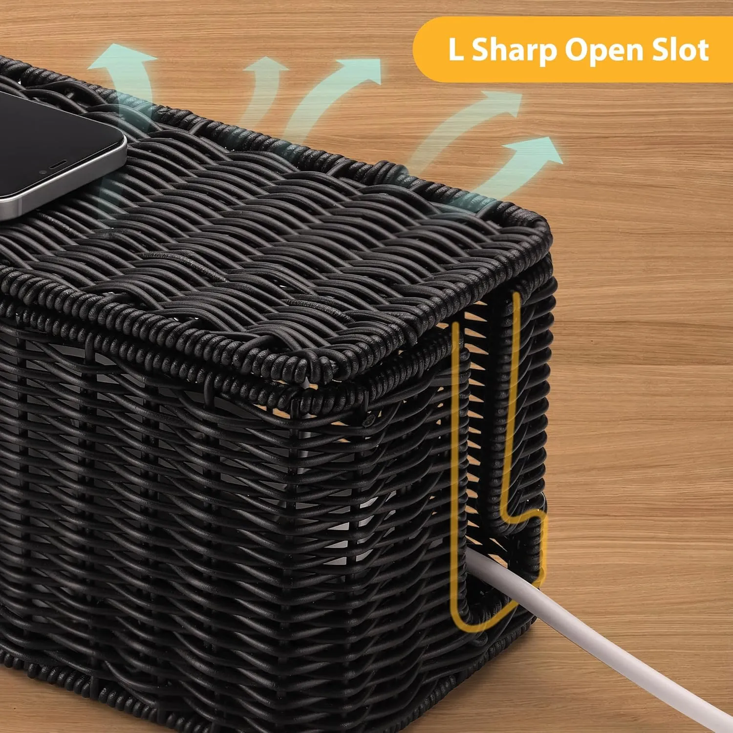 Handmade Cable Management Box Black, Imitation Rattan Cord Organizer Cord Hider Box, Desk Cord Management Box to Hide Cords and Power Strip L12.5 W5.2 H5.5