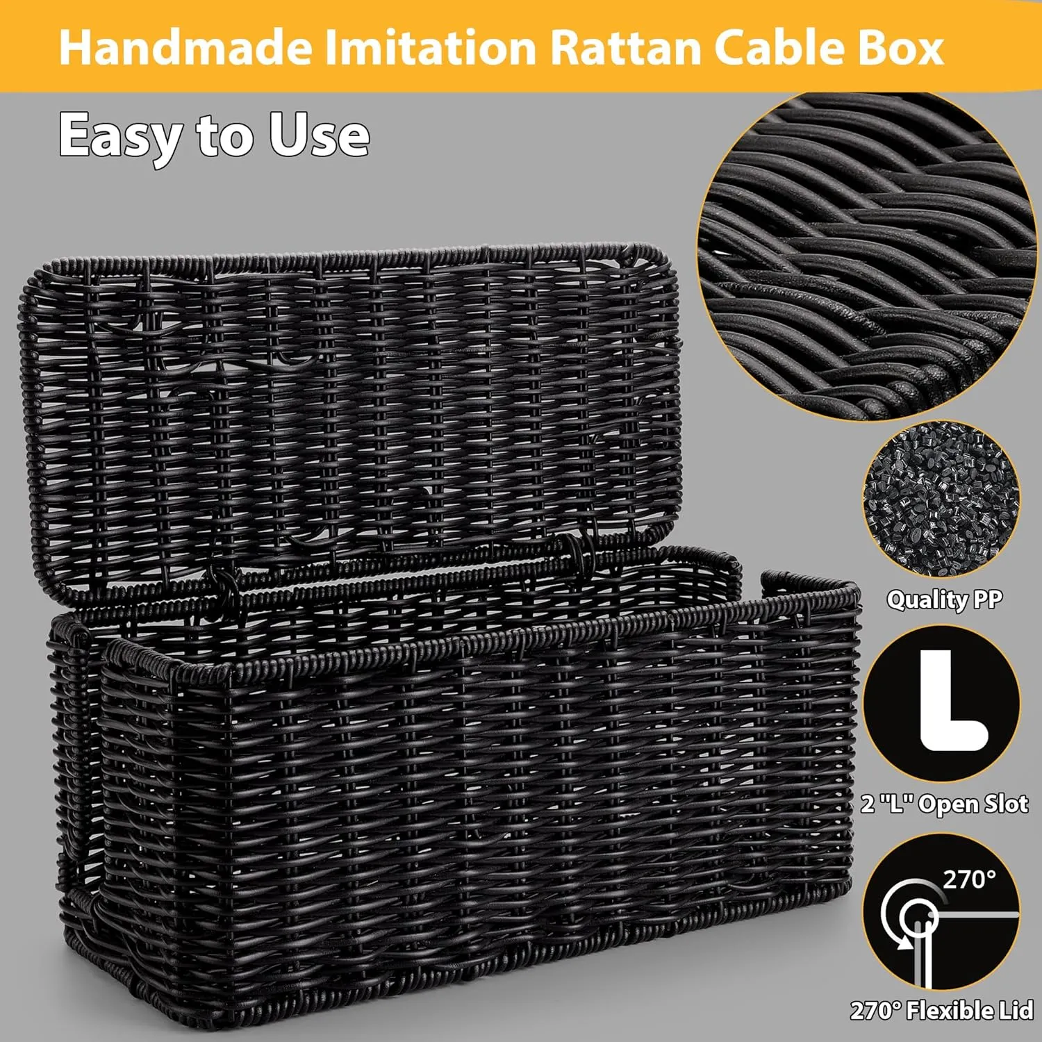 Handmade Cable Management Box Black, Imitation Rattan Cord Organizer Cord Hider Box, Desk Cord Management Box to Hide Cords and Power Strip L12.5 W5.2 H5.5
