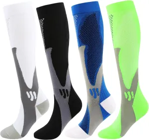 Kickticks 4 Pairs Compression Socks for Woman & Man Unisex 20-30mmHg Knee high Plus Size Wide Calves for Flying Running