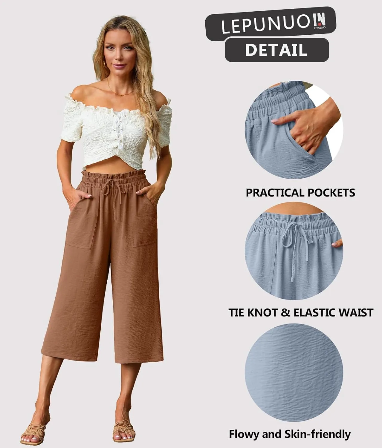 Lepunuo Women's Wide Leg Capri Pants High Waisted Palazzo Pants Adjustable Casual Tie Knot Pants with Pockets