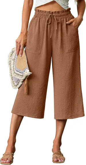 Lepunuo Women's Wide Leg Capri Pants High Waisted Palazzo Pants Adjustable Casual Tie Knot Pants with Pockets