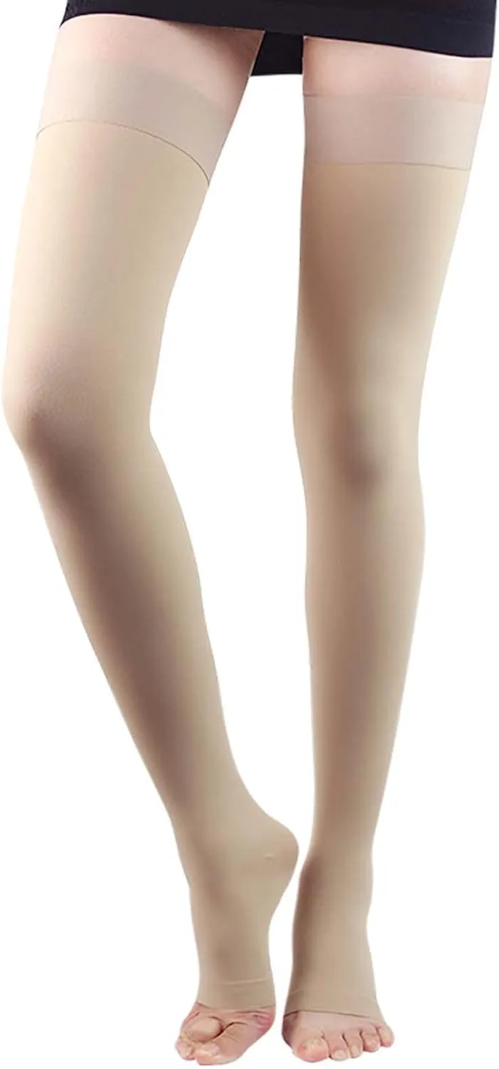 Lin Performance 20-30 mmHg Medical Compression Stockings for Women and Men Thigh High,Dot-Top,Open Toe Socks for Varicose Vein Swollen legs Travel Flight Pregnant(Beige,M)