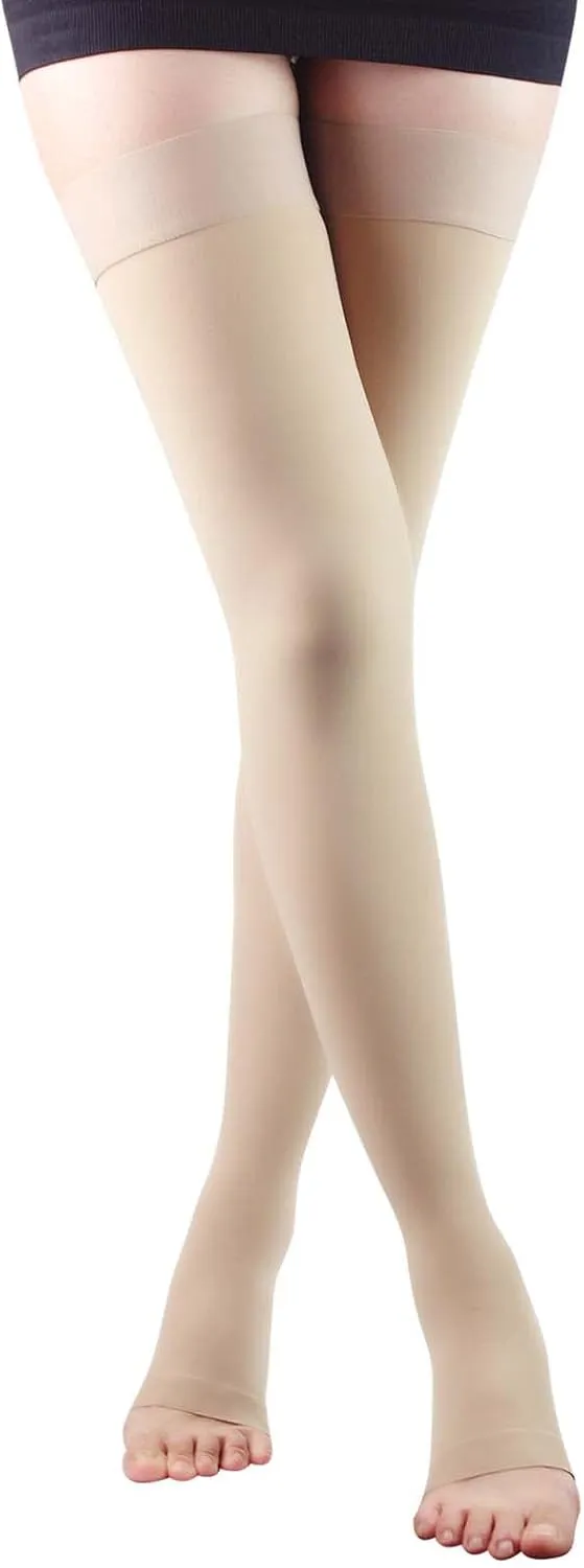 Lin Performance 20-30 mmHg Medical Compression Stockings for Women and Men Thigh High,Dot-Top,Open Toe Socks for Varicose Vein Swollen legs Travel Flight Pregnant(Beige,M)