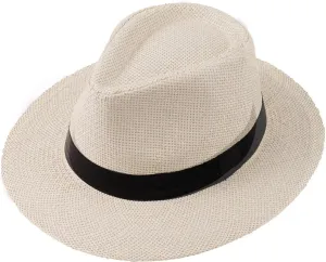 Men Natural Panama Straw Hat Summer Solid Color Fedoras Ribbon Casual Cowboy Jazz Cap