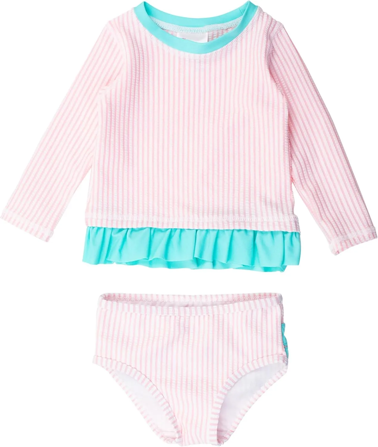 RuffleButts Baby/Toddler Girls Seersucker Long Sleeve Rash Guard Bikini