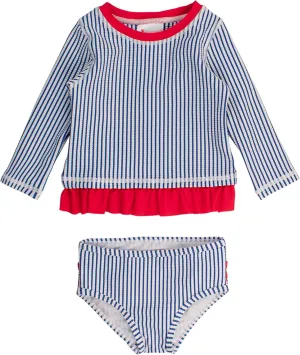 RuffleButts Baby/Toddler Girls Seersucker Long Sleeve Rash Guard Bikini