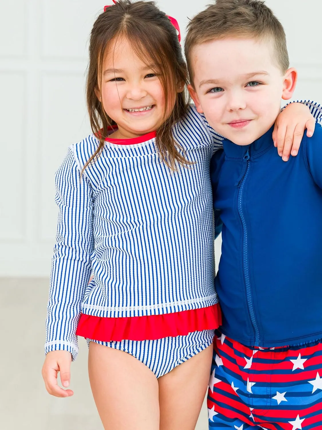 RuffleButts Baby/Toddler Girls Seersucker Long Sleeve Rash Guard Bikini