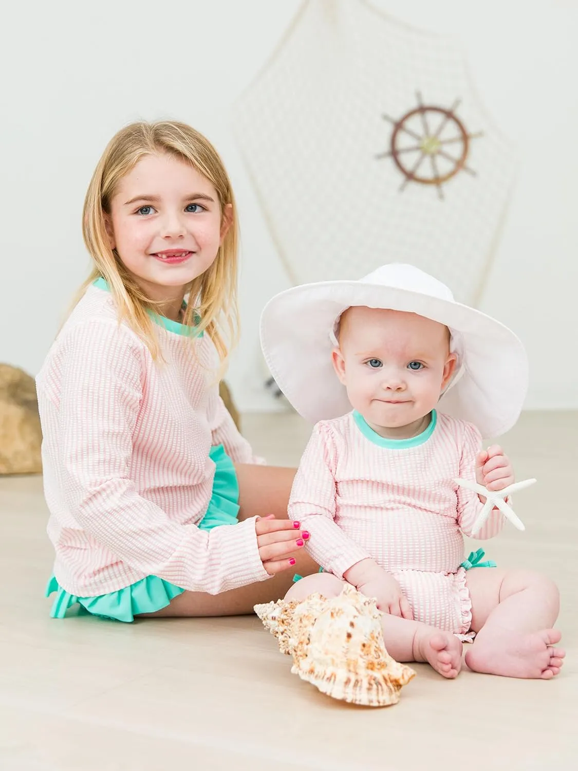 RuffleButts Baby/Toddler Girls Seersucker Long Sleeve Rash Guard Bikini