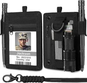 TALONITE RFID 900D Nylon Tactical ID Badge Holder with Waterproof Zipper Pocket, EDC Pouch Organizer for Men, Credit Card Organizer Neck Lanyard Key Ring Wallet (Black)
