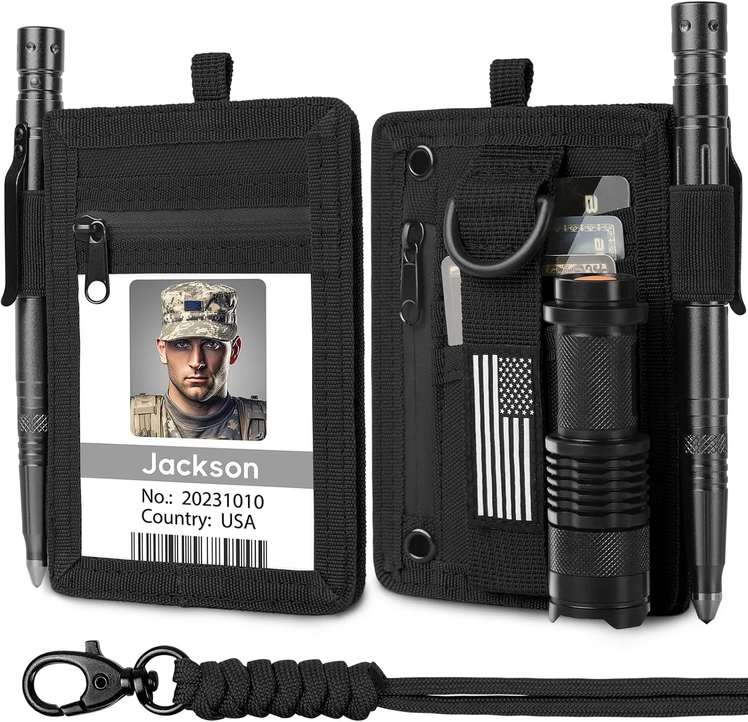 TALONITE RFID 900D Nylon Tactical ID Badge Holder with Waterproof Zipper Pocket, EDC Pouch Organizer for Men, Credit Card Organizer Neck Lanyard Key Ring Wallet (Black)