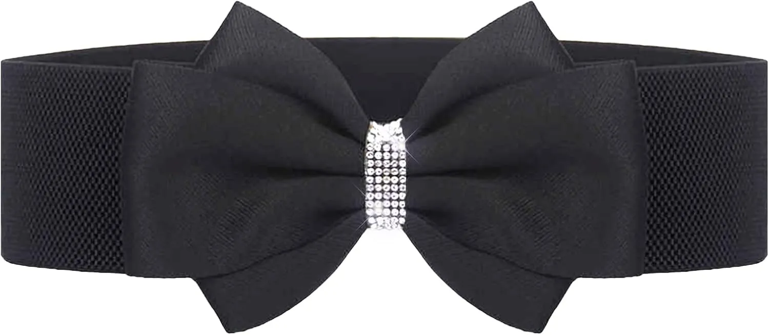 Women's Elastic Bow Belt Wide Rhinestone Stretch Belts Ladies Waist Accessories for Dress Jeans